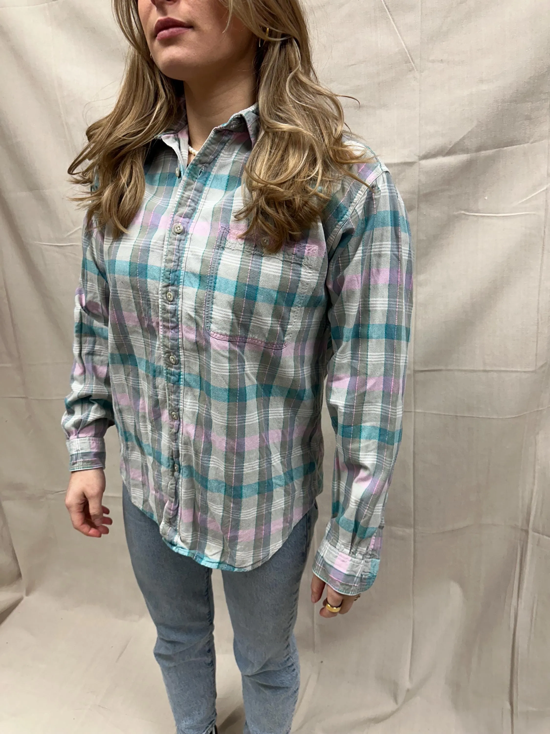 Vintage 80s Pastel Cotton Plaid Button Up | Size Large