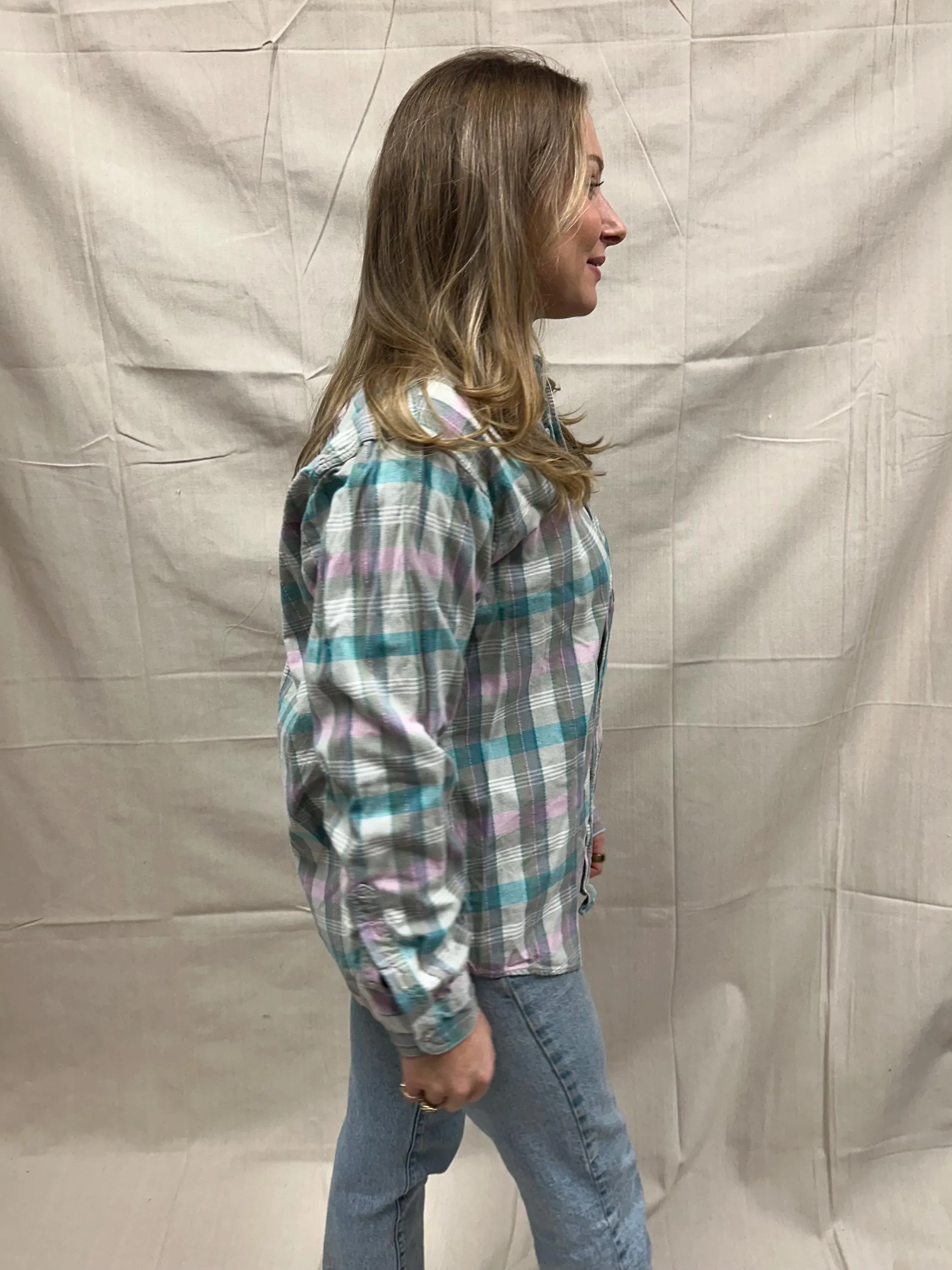 Vintage 80s Pastel Cotton Plaid Button Up | Size Large