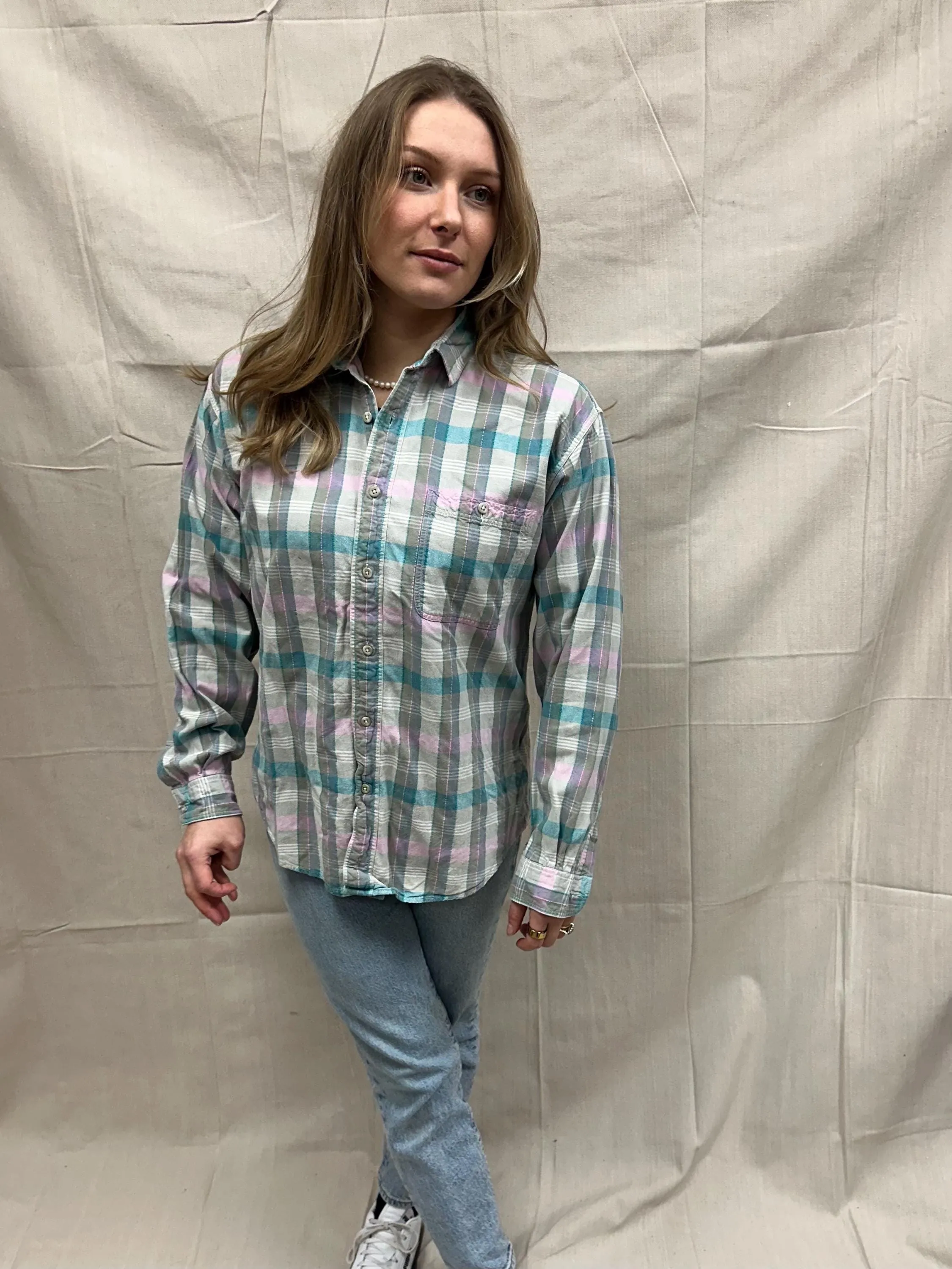 Vintage 80s Pastel Cotton Plaid Button Up | Size Large