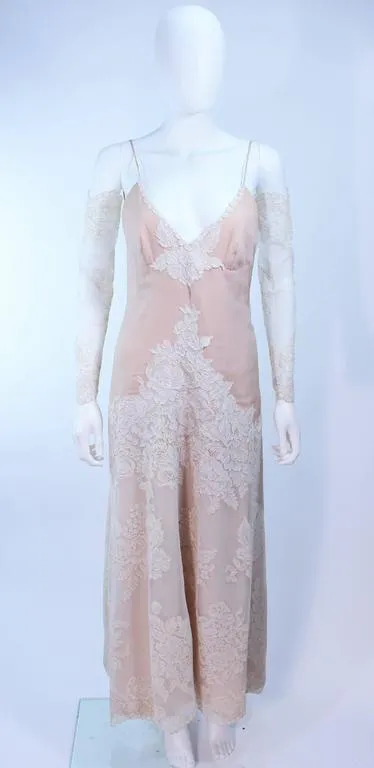 VINTAGE Circa 1970s Nude, White Lace Ensemble Puff Sleeve Size 4