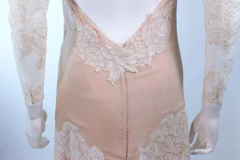 VINTAGE Circa 1970s Nude, White Lace Ensemble Puff Sleeve Size 4