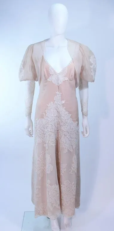 VINTAGE Circa 1970s Nude, White Lace Ensemble Puff Sleeve Size 4