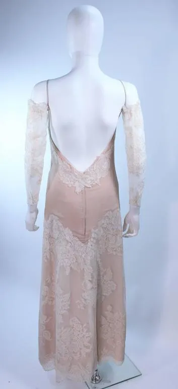 VINTAGE Circa 1970s Nude, White Lace Ensemble Puff Sleeve Size 4