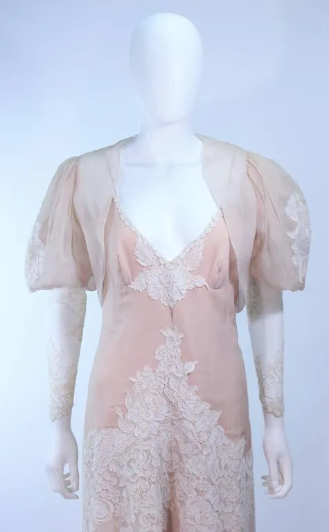 VINTAGE Circa 1970s Nude, White Lace Ensemble Puff Sleeve Size 4