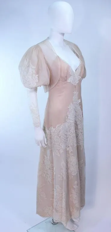 VINTAGE Circa 1970s Nude, White Lace Ensemble Puff Sleeve Size 4