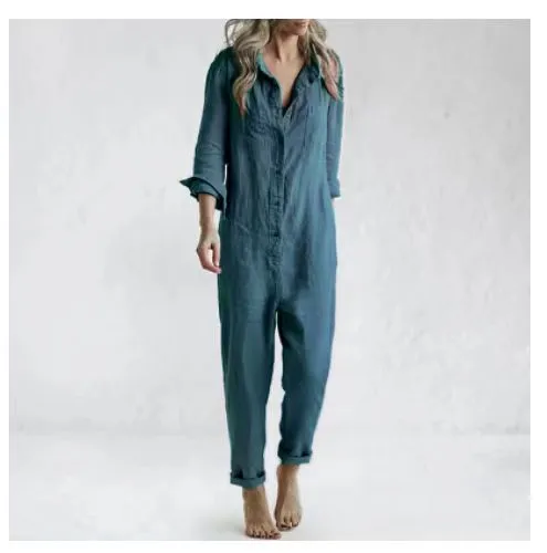 Vintage Cotton Overalls Mujer Women Jumpsuits Spring Long Sleeve Buttons One Piece Outfit Chic Tunic Oversized Green Jumpsuit
