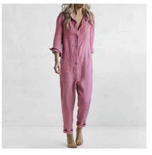Vintage Cotton Overalls Mujer Women Jumpsuits Spring Long Sleeve Buttons One Piece Outfit Chic Tunic Oversized Green Jumpsuit