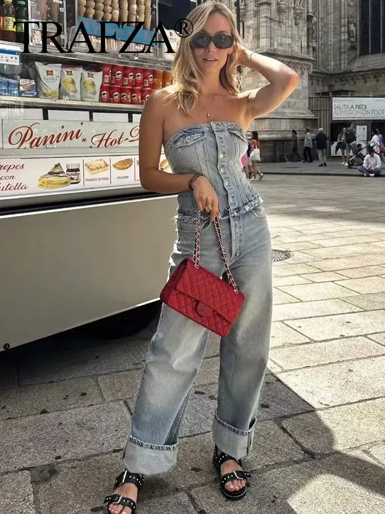 Vintage Denim Button Tube Jumpsuits