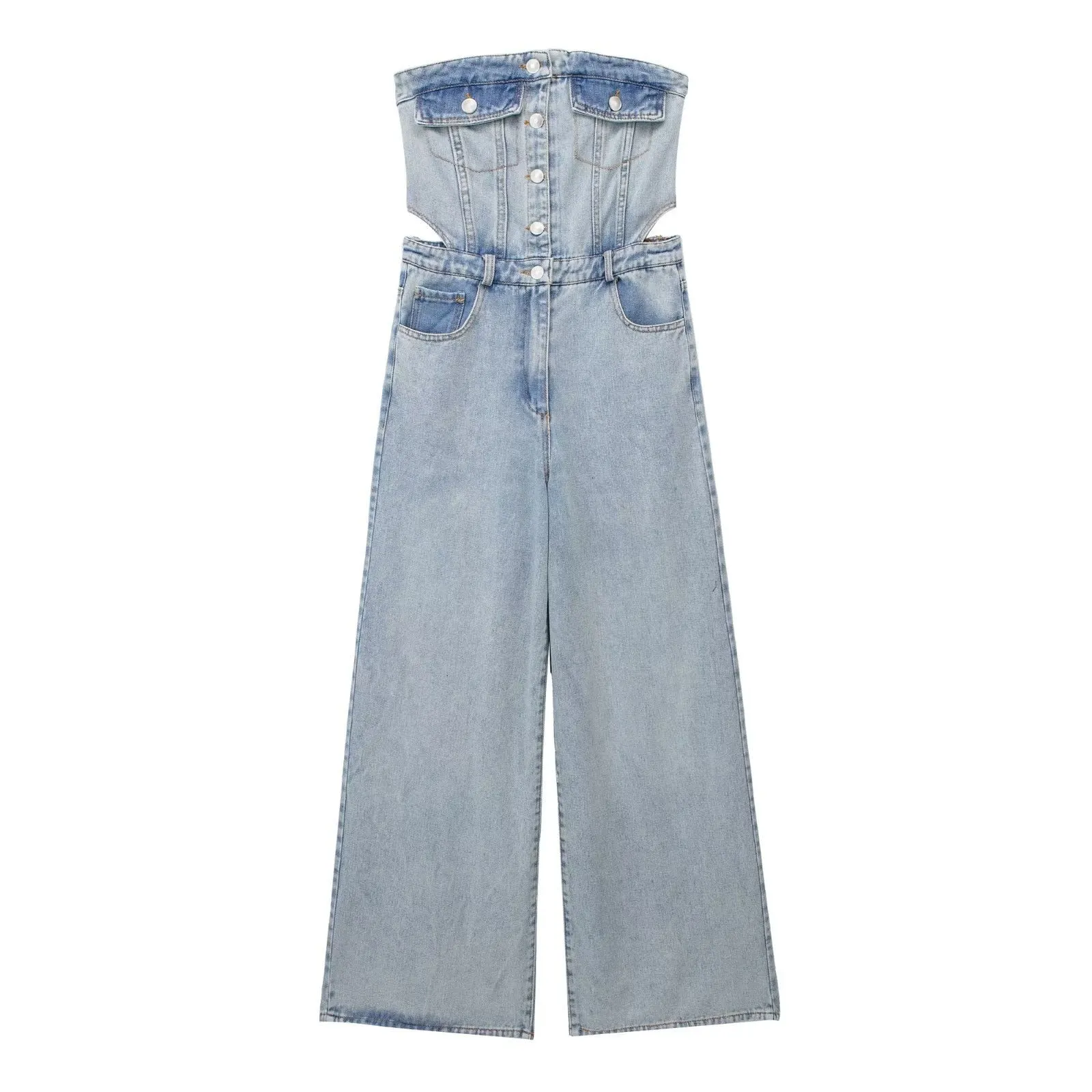 Vintage Denim Button Tube Jumpsuits