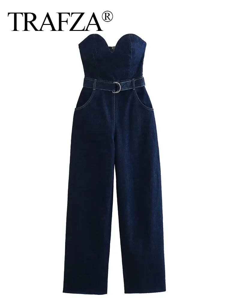 Vintage Denim Button Tube Jumpsuits
