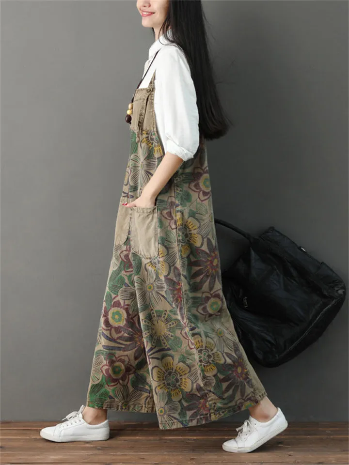 Vintage Floral Wide Leg Denim Jumpsuit
