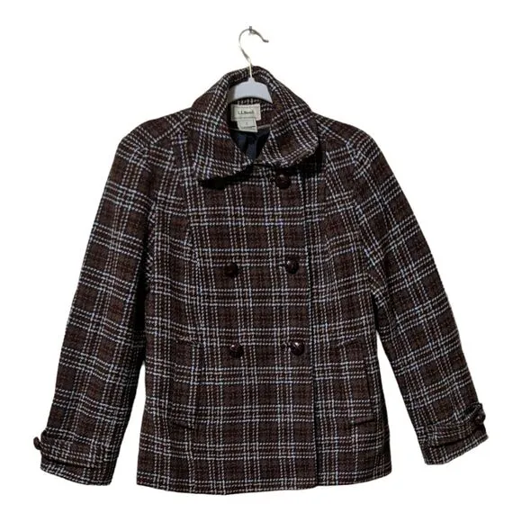 Vintage L.L. Bean double breasted plaid brown pea coat wool classic blazer Small