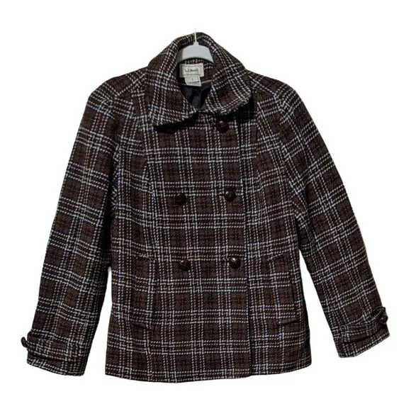 Vintage L.L. Bean double breasted plaid brown pea coat wool classic blazer Small