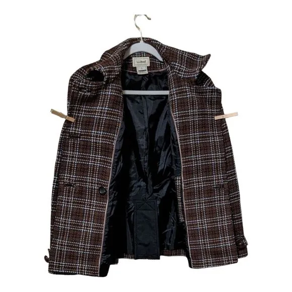 Vintage L.L. Bean double breasted plaid brown pea coat wool classic blazer Small