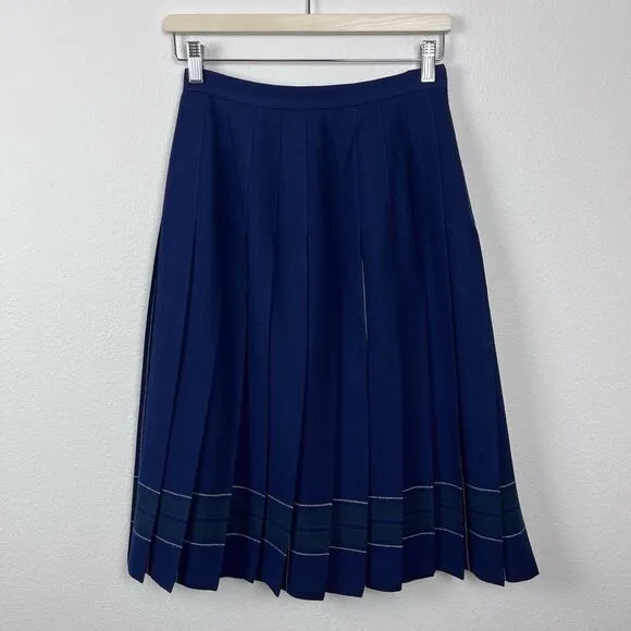 Vintage LL Bean Skirt Womens Eight Petite Wool Midi Pleated Scotland Preppy Blue