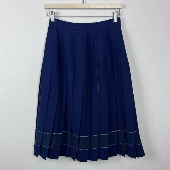 Vintage LL Bean Skirt Womens Eight Petite Wool Midi Pleated Scotland Preppy Blue