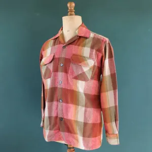 Vintage Penneys Towncraft wool shirt - 1960s 70s plaid - pink green brown check - 45” chest - loop collar