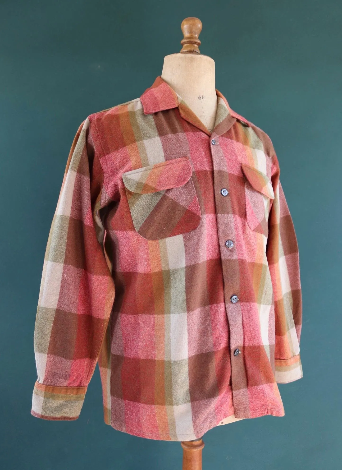 Vintage Penneys Towncraft wool shirt - 1960s 70s plaid - pink green brown check - 45” chest - loop collar
