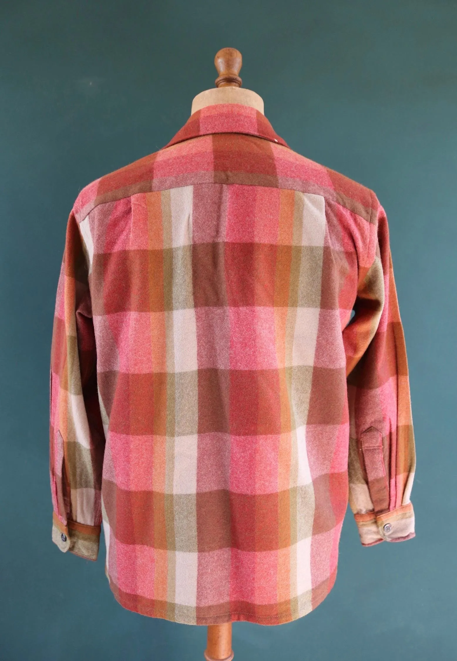 Vintage Penneys Towncraft wool shirt - 1960s 70s plaid - pink green brown check - 45” chest - loop collar