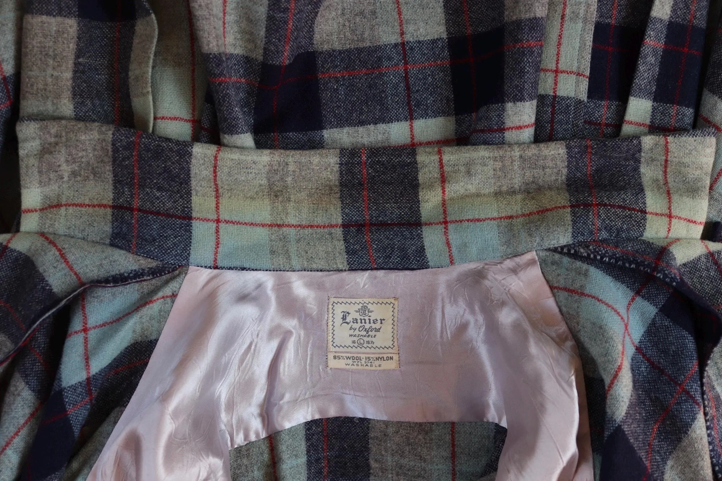 Vintage plaid wool shirt - 1960s loop collar - blue grey check - 48” chest
