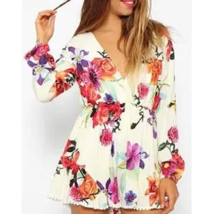 Vintage Plunging Neck Long Sleeves Printed Jumpsuits For Women - M