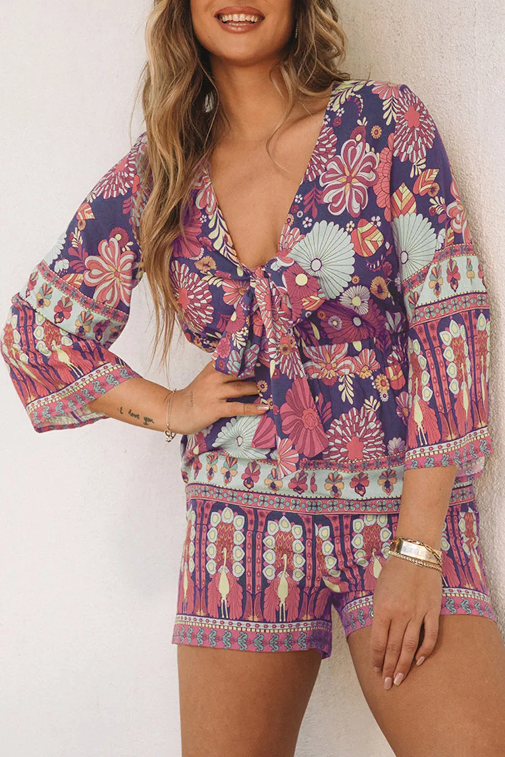 Vintage Printed 3/4 Sleeves Bohemian Romper