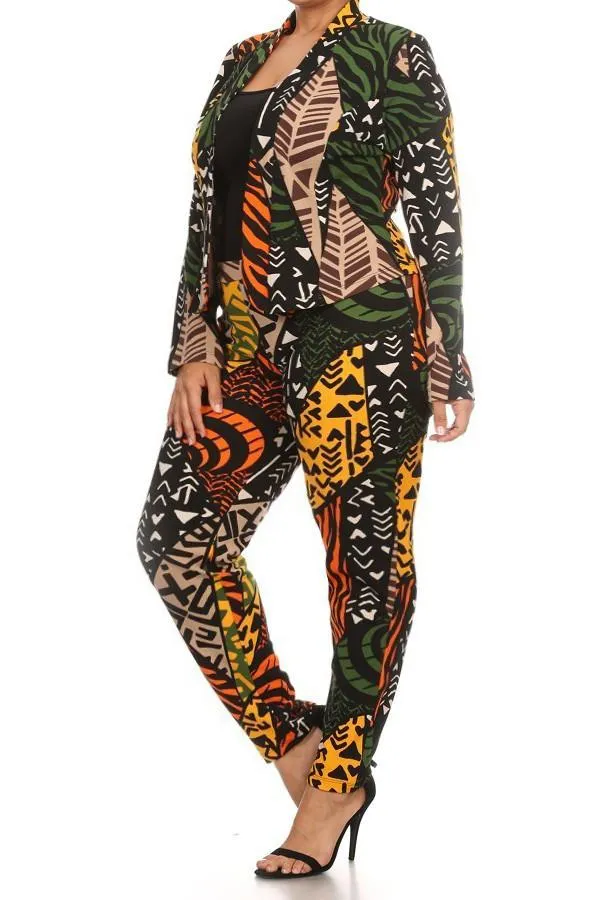 Vivid Tribal Print Plus Size Blazer Pants Set