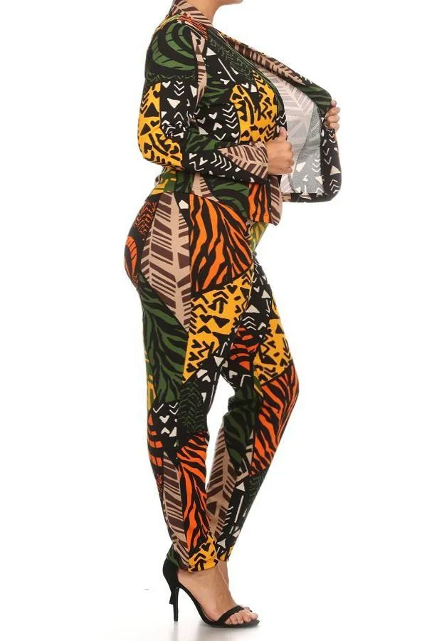 Vivid Tribal Print Plus Size Blazer Pants Set