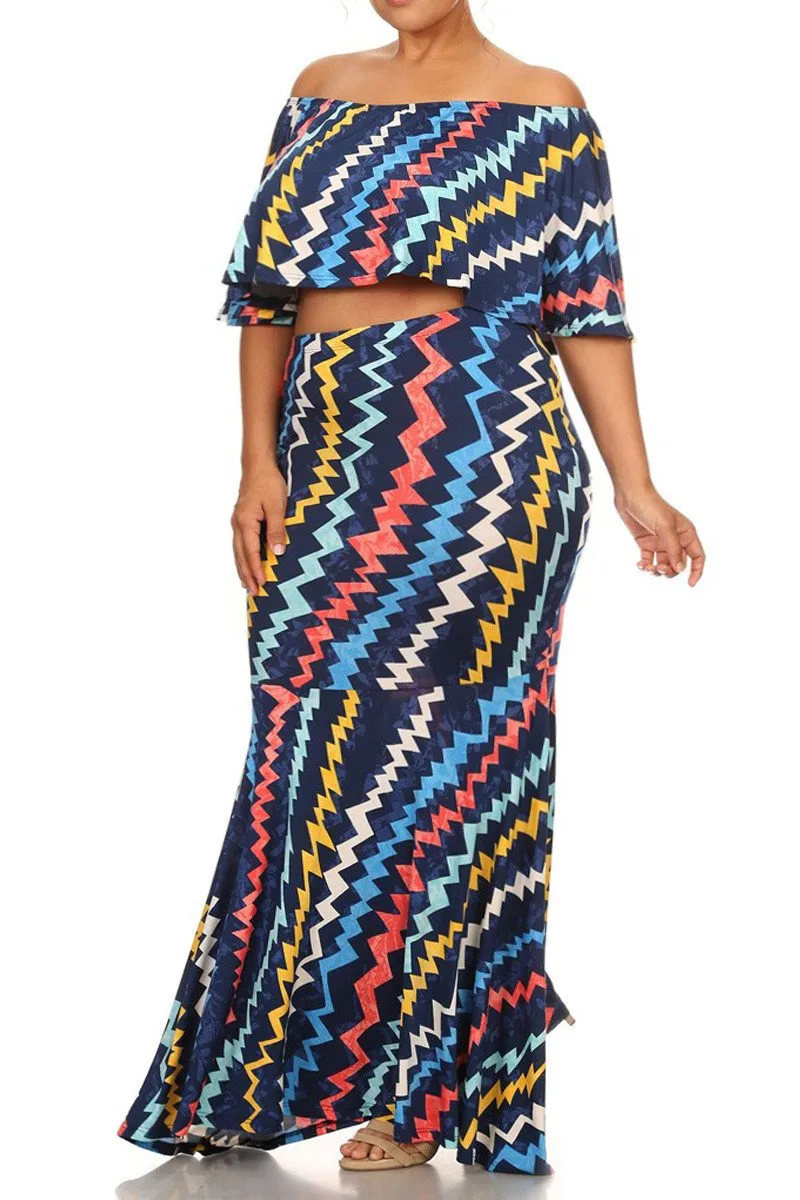 Vivid Zigzag Print Crop Top Plus SizeMaxi Skirt Set