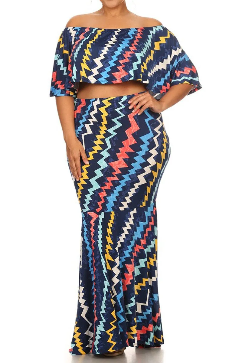 Vivid Zigzag Print Crop Top Plus SizeMaxi Skirt Set