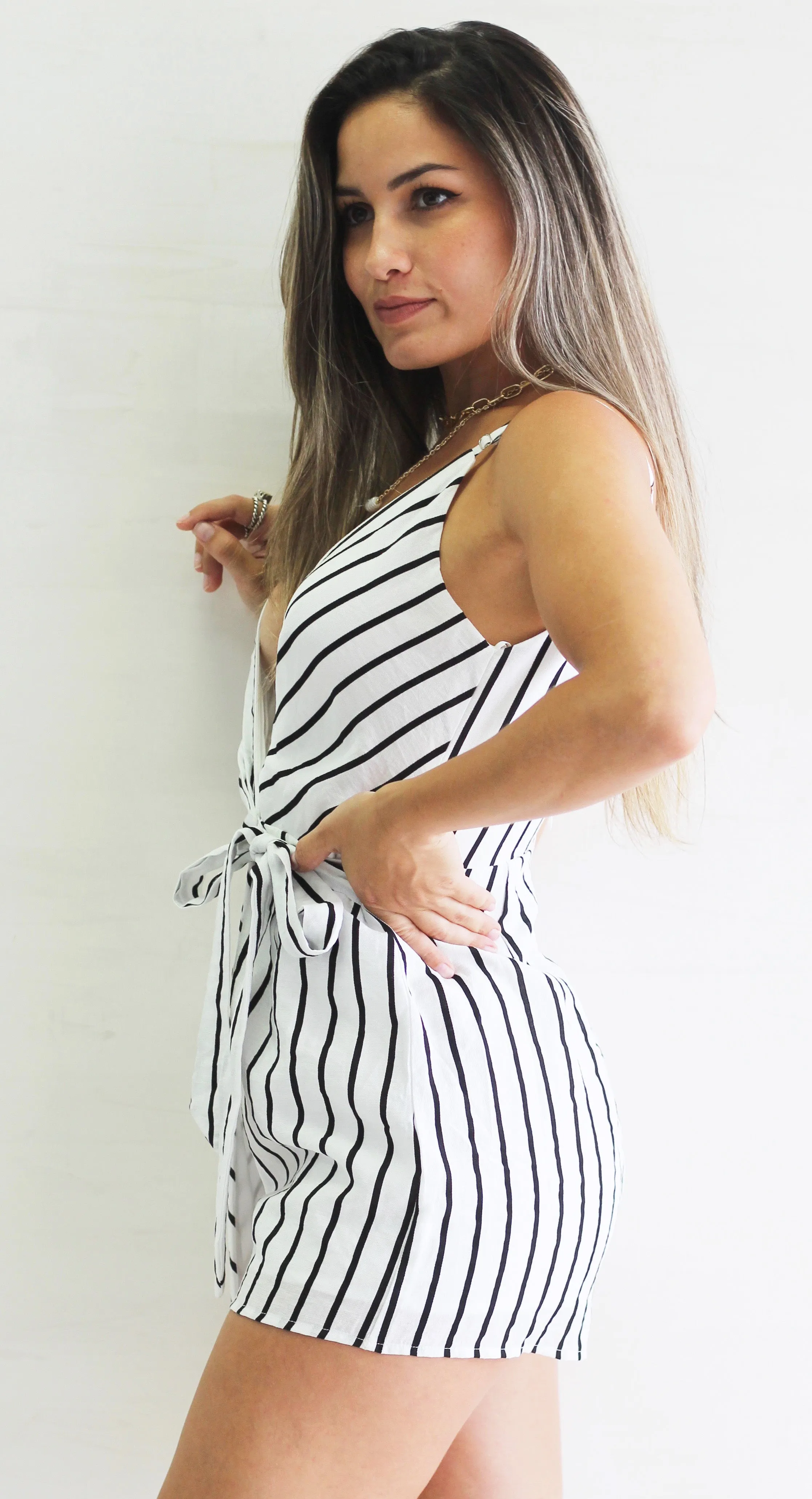 Walk with You White Stripes Romper