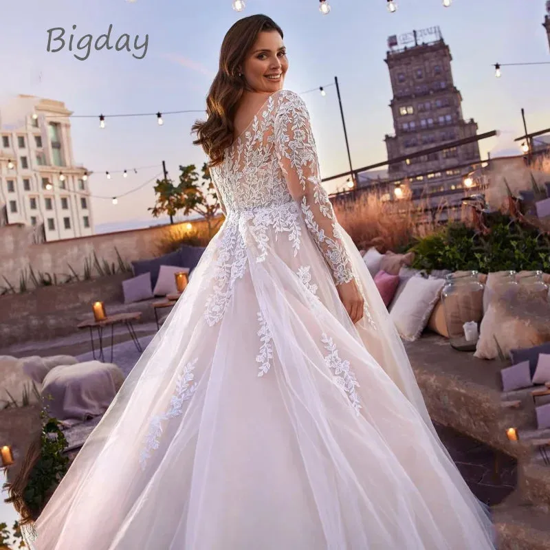 Wedding Dresses Plus Size Lace Long Sleeve Women White Open Back