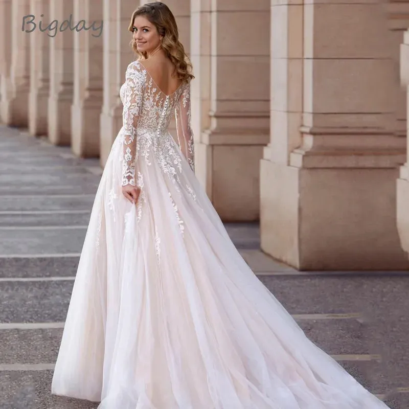 Wedding Dresses Plus Size Lace Long Sleeve Women White Open Back