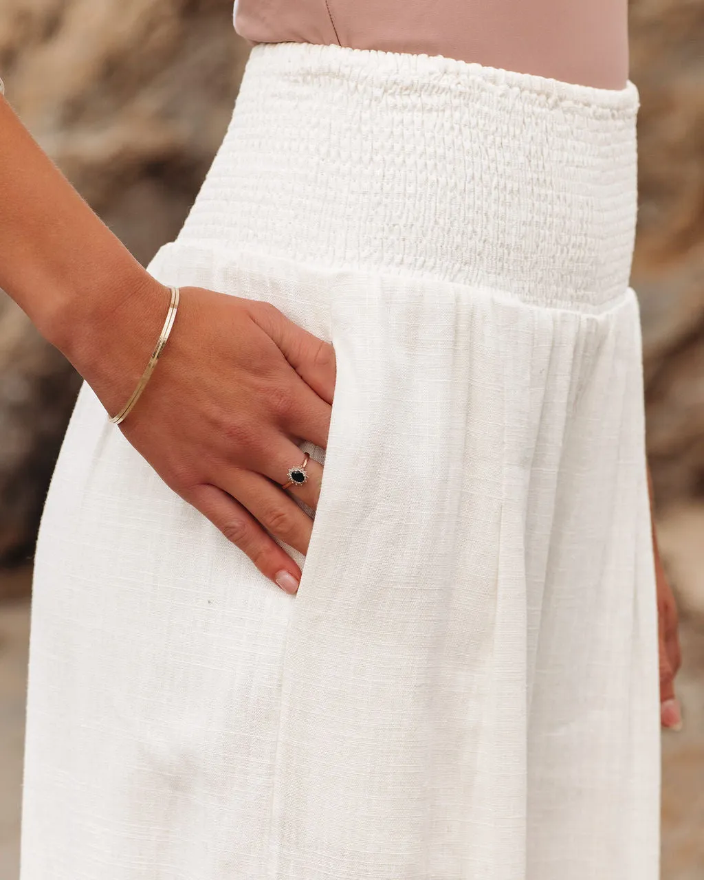 Weston Linen Blend Pocketed Smocked Pants - White