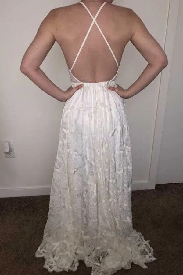 White A-line Halter Sweep Train Lace Wedding Dresses, Wedding Gowns, MW725