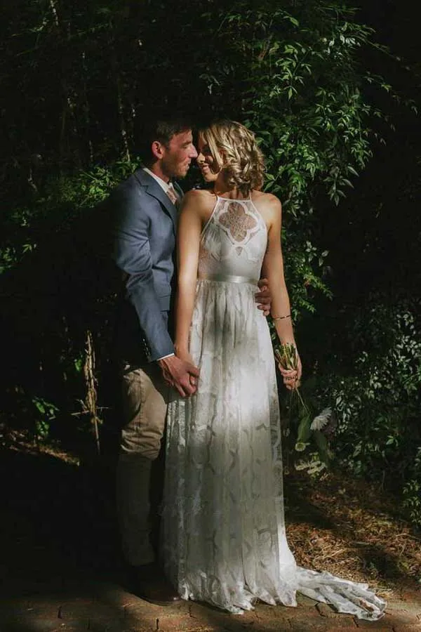 White A-line Halter Sweep Train Lace Wedding Dresses, Wedding Gowns, MW725