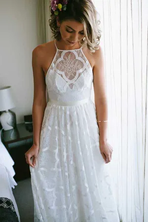 White A-line Halter Sweep Train Lace Wedding Dresses, Wedding Gowns, MW725