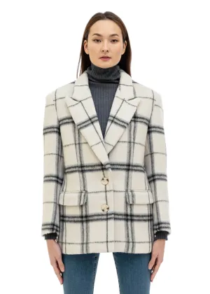 White & Blue Wool Plaid Blazer