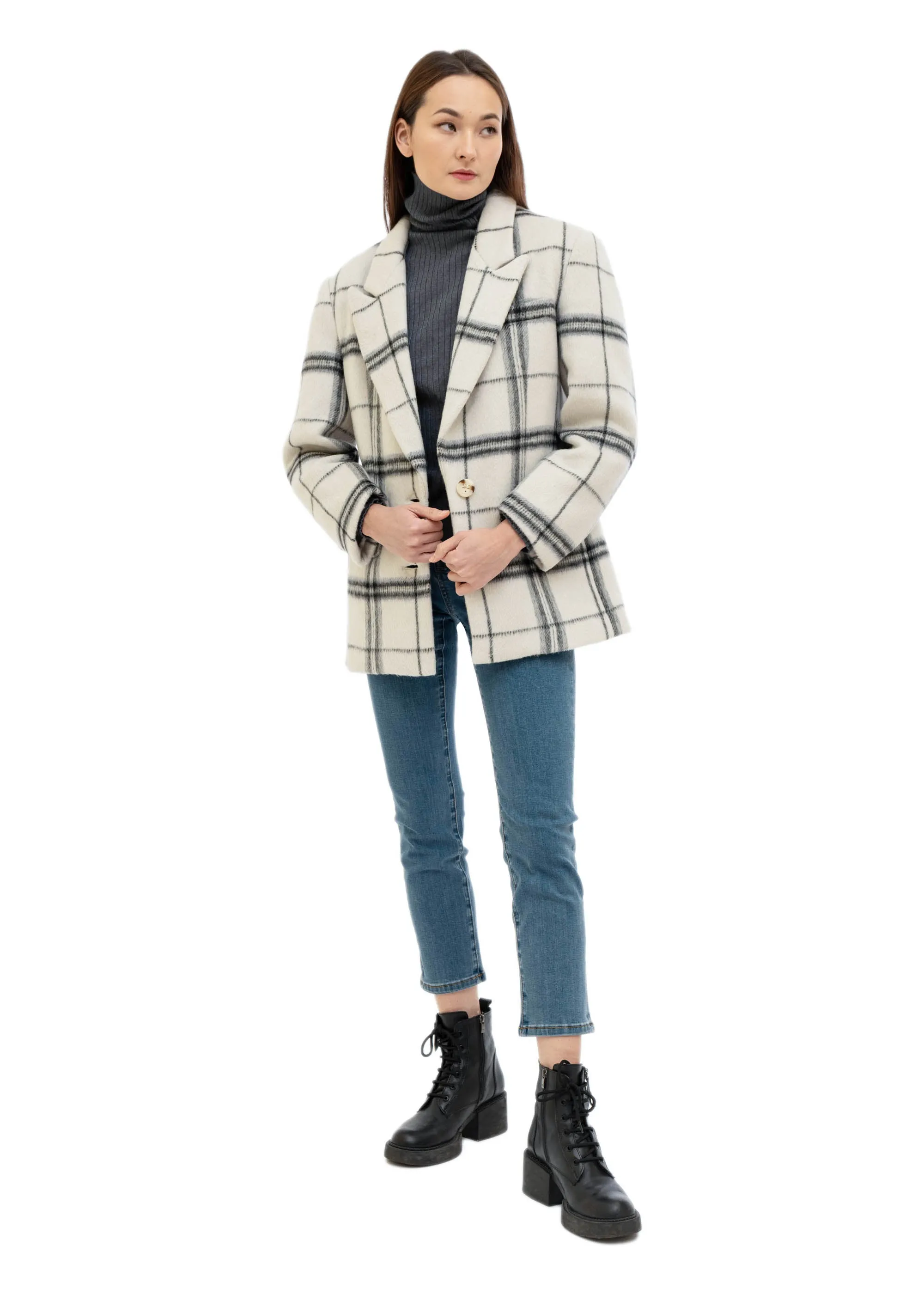 White & Blue Wool Plaid Blazer