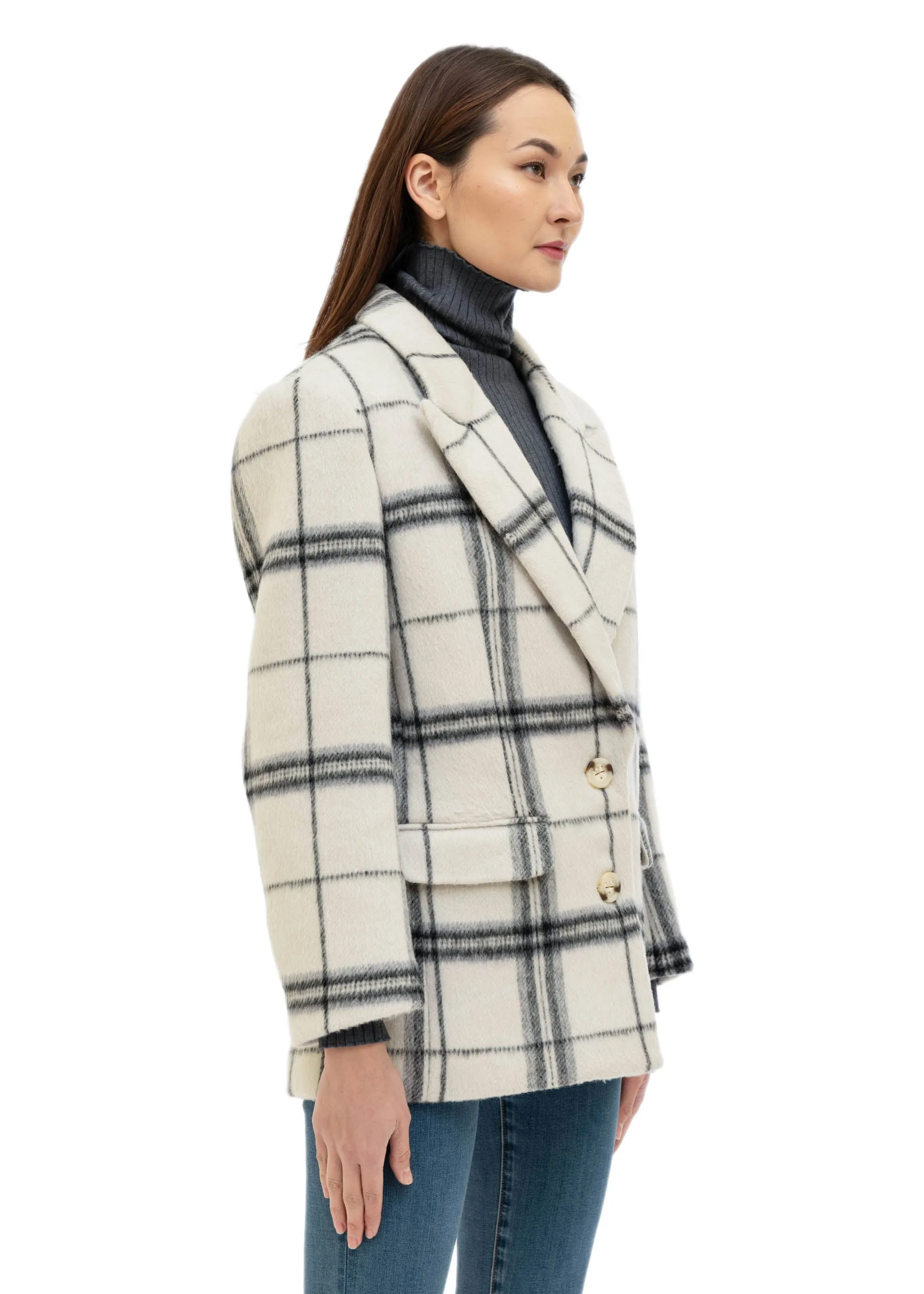 White & Blue Wool Plaid Blazer