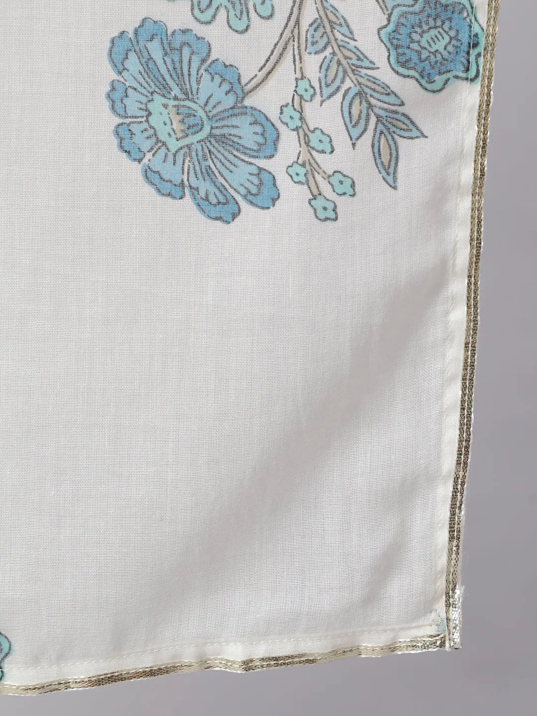 White & Turquoise Blue Ethnic Printed Flared Kurta With Pants & Dupatta