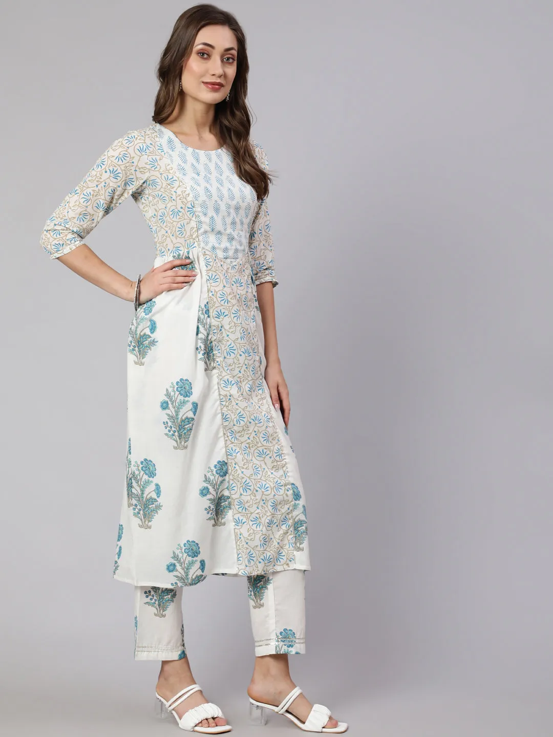 White & Turquoise Blue Ethnic Printed Flared Kurta With Pants & Dupatta