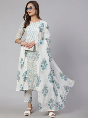 White & Turquoise Blue Ethnic Printed Flared Kurta With Pants & Dupatta