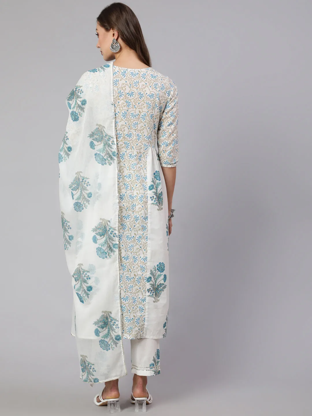 White & Turquoise Blue Ethnic Printed Flared Kurta With Pants & Dupatta