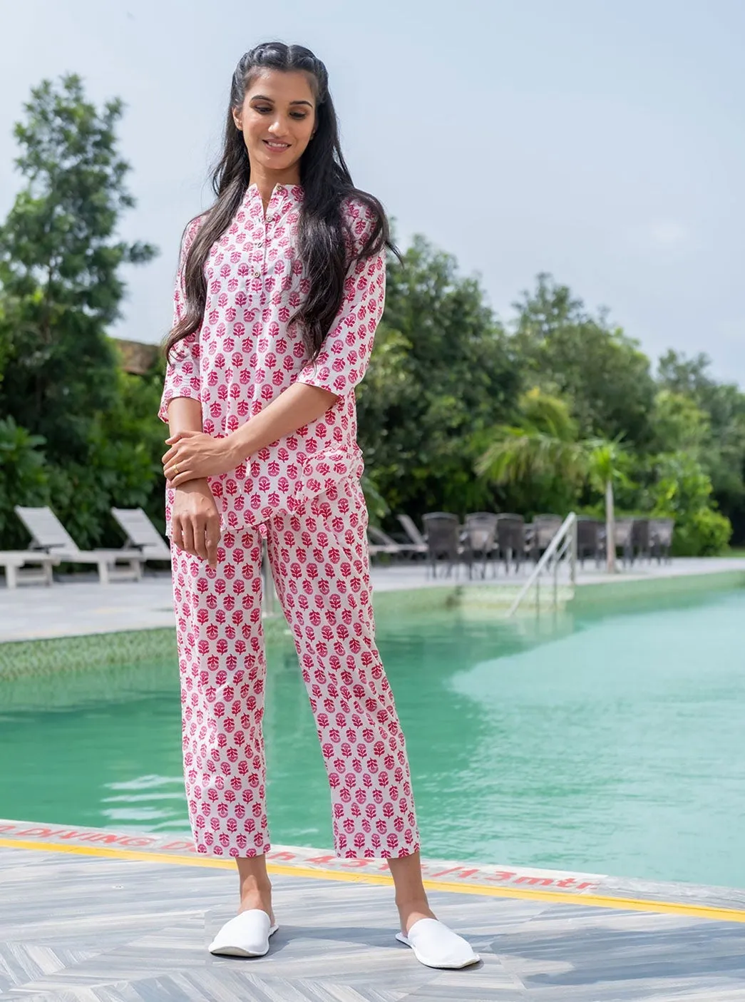 White Ethnic Print Cotton Loungewear Set With Side Pockets