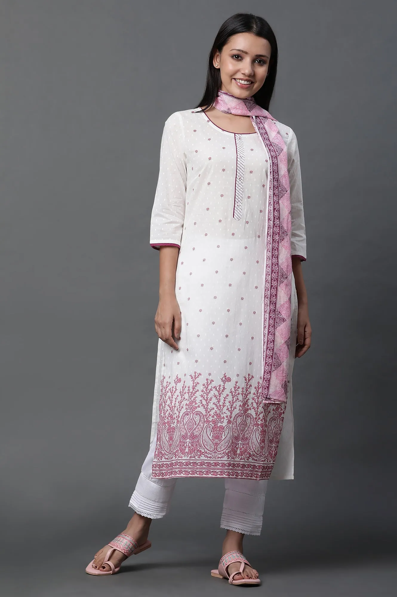 White Floral Printed Kurta, Trousers and Dupatta Set