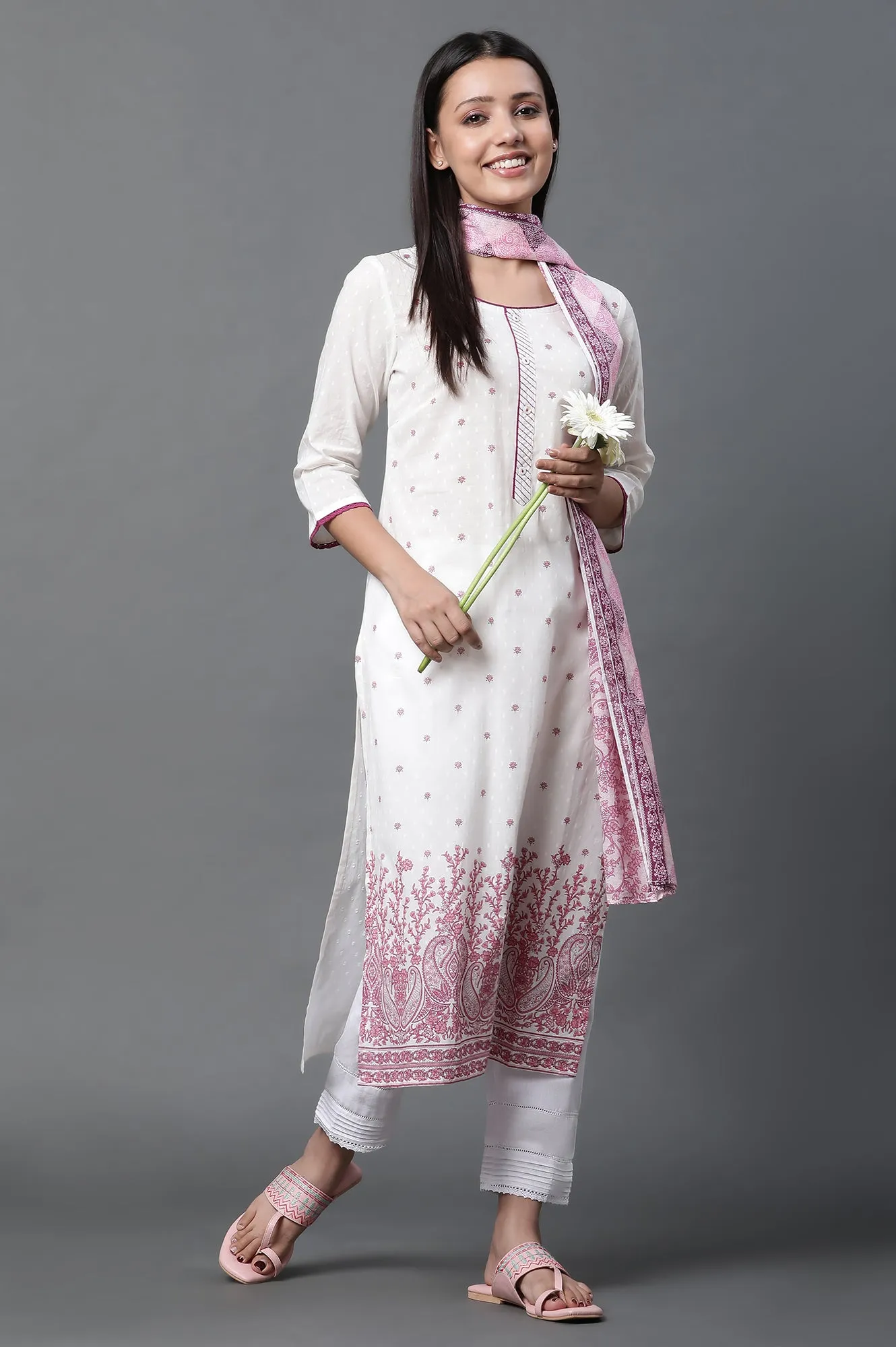 White Floral Printed Kurta, Trousers and Dupatta Set
