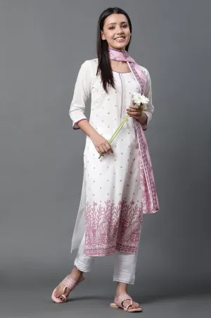 White Floral Printed Kurta, Trousers and Dupatta Set