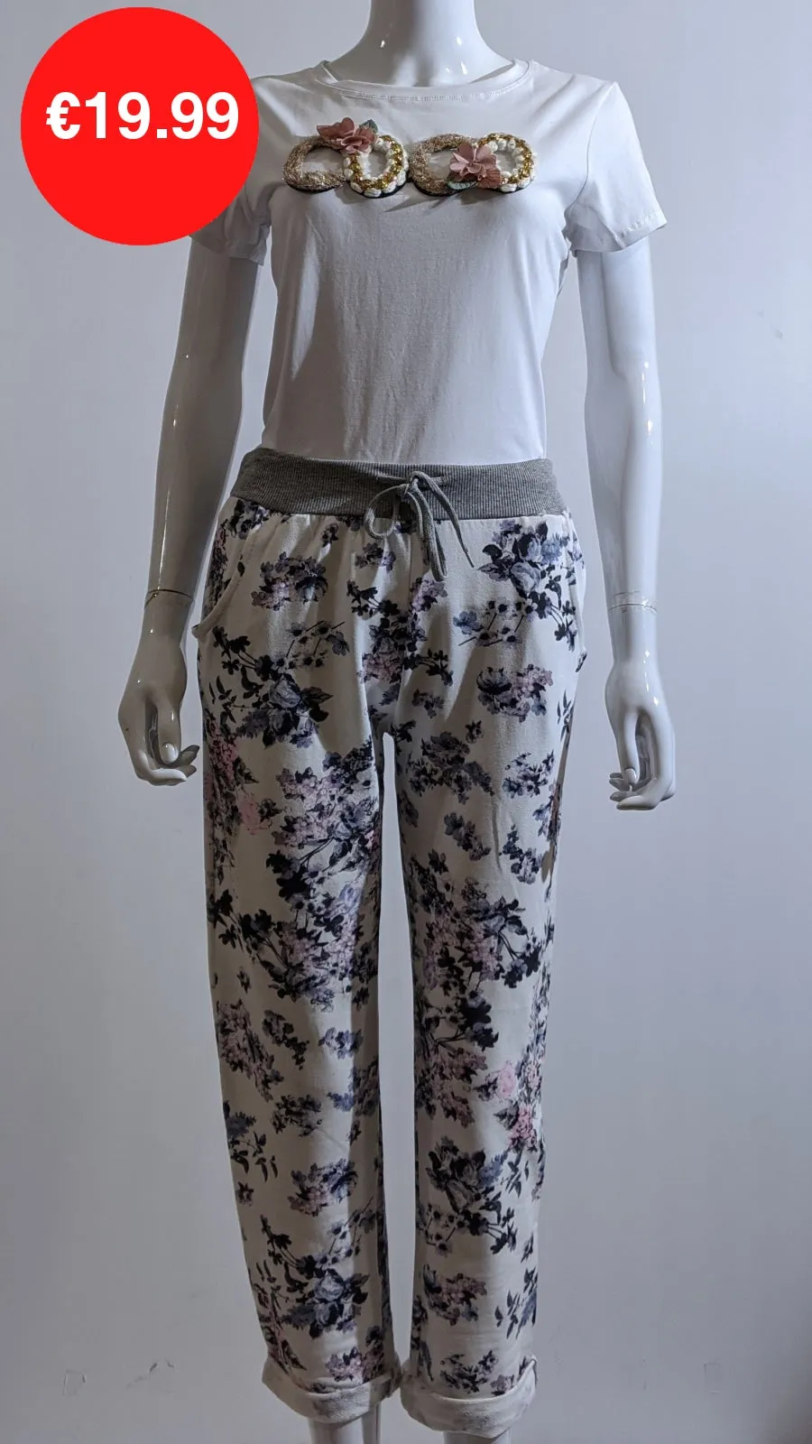 White Navy Floral Print Magic Pants Joggers