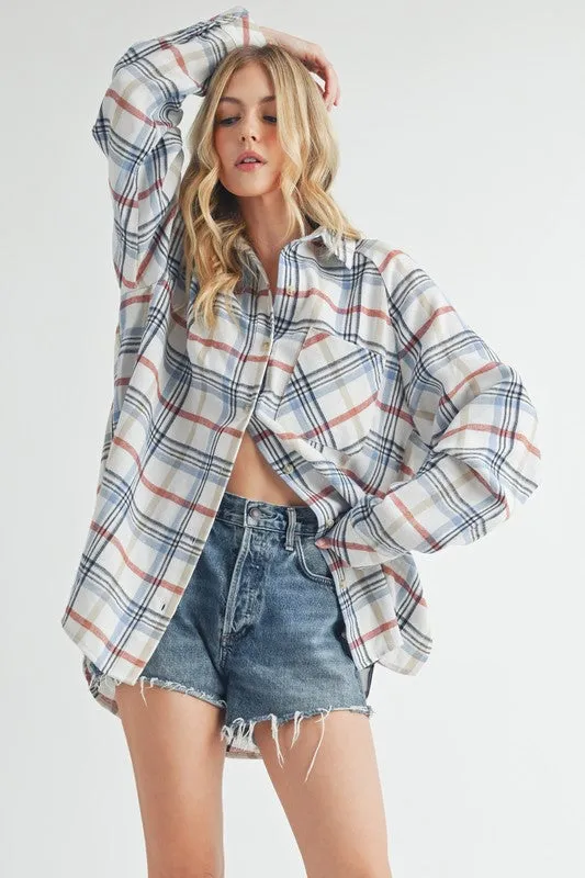 White Plaid Button Up Flannel Shirt with Chest Pocket